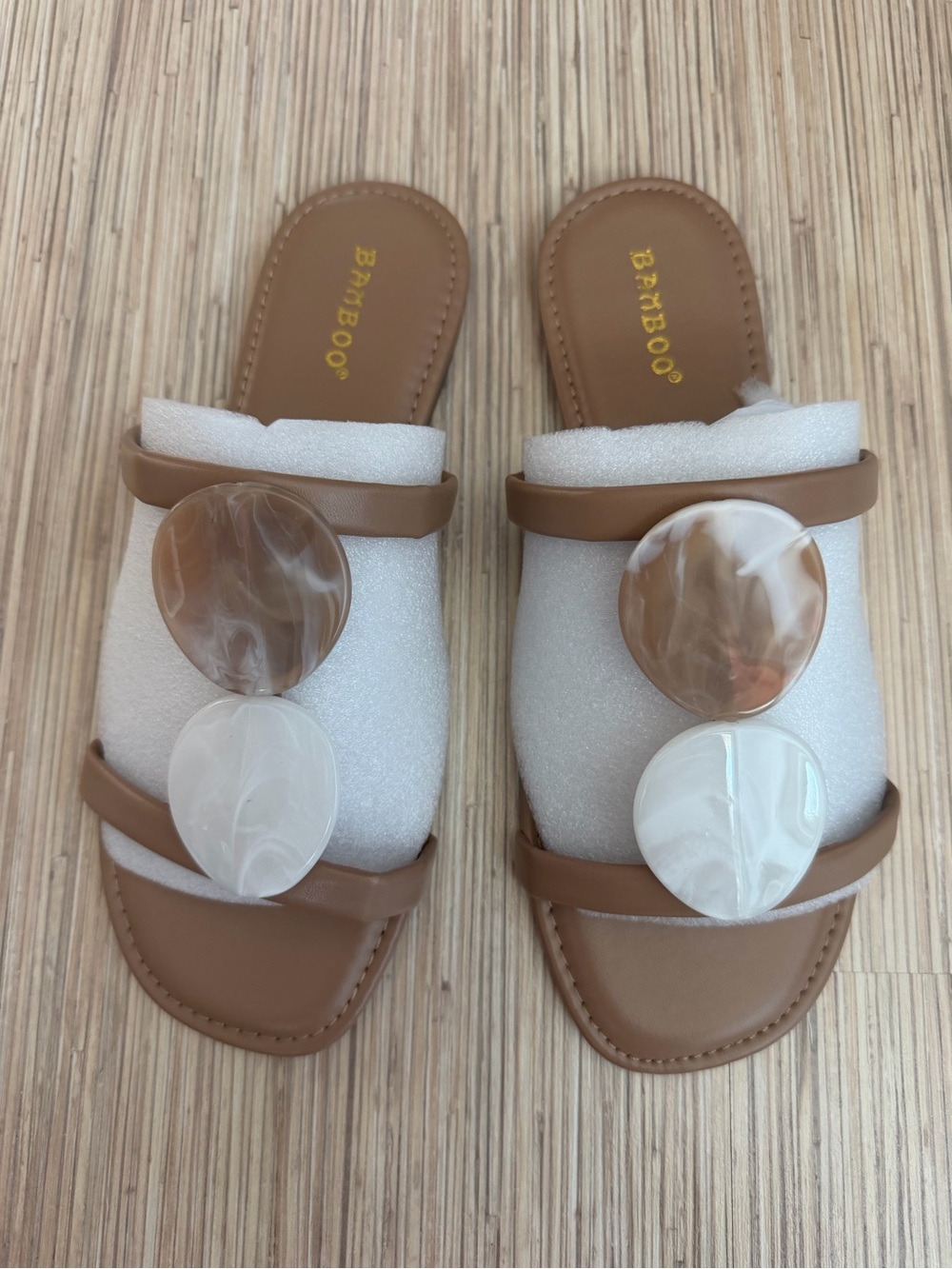 BAMBOO Brown and White Slide Sandals with Marbled Discs